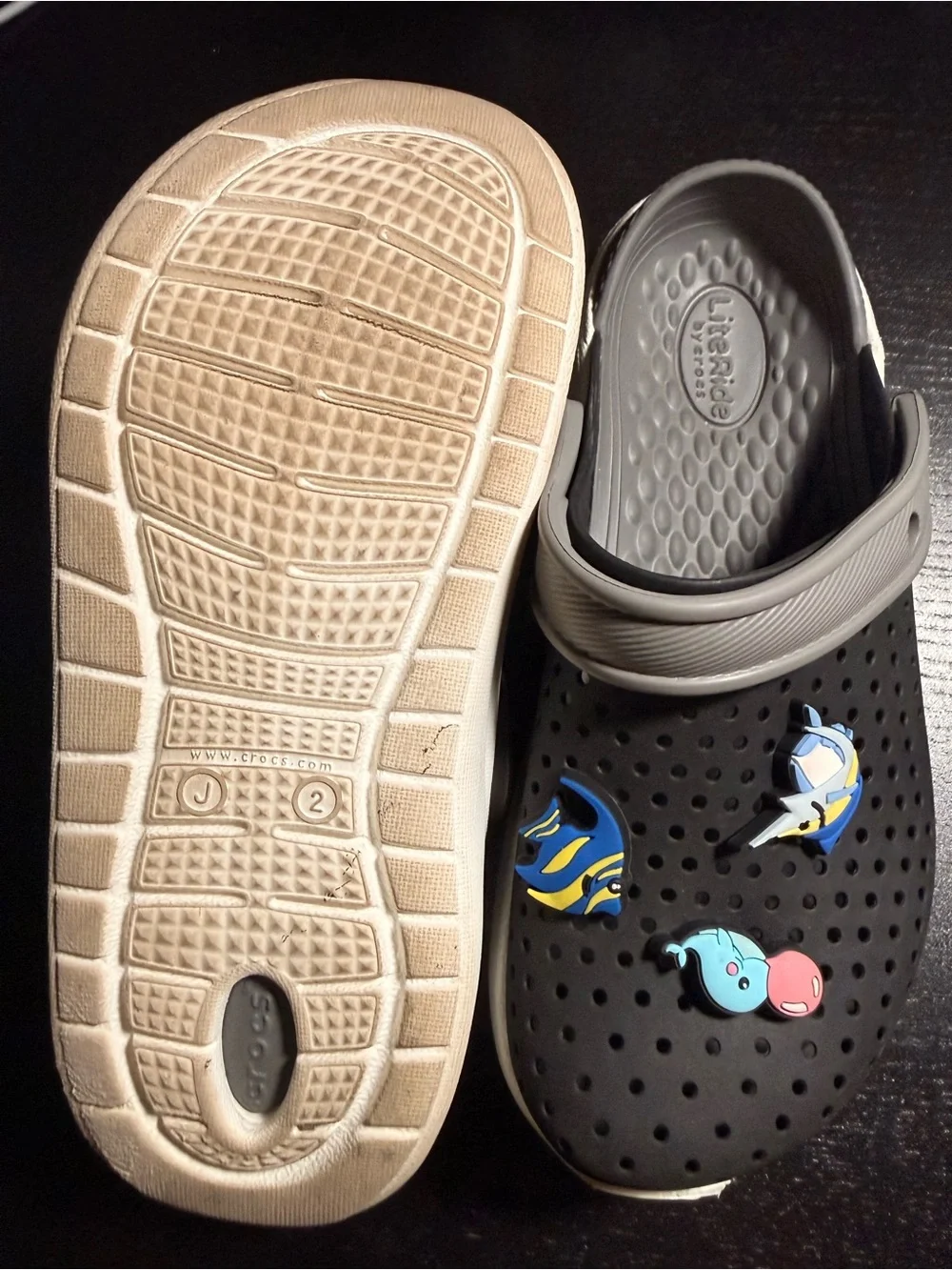 Crocs Clogs J2 Kids LiteRidw Black&Gray - Used - Great Condition .